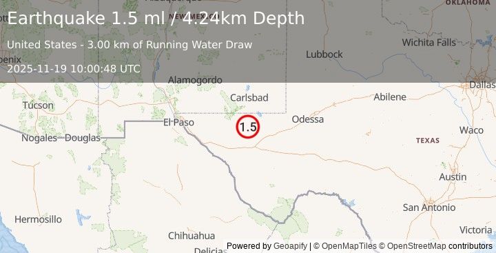 Earthquake 58 km NW of Toyah, Texas (1.5 ml) (2025-11-19 10:00:48 UTC)