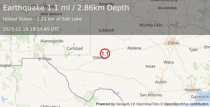 Earthquake 16 km WSW of Stanton, Texas (1.1 ml) (2025-11-19 18:03:45 UTC)