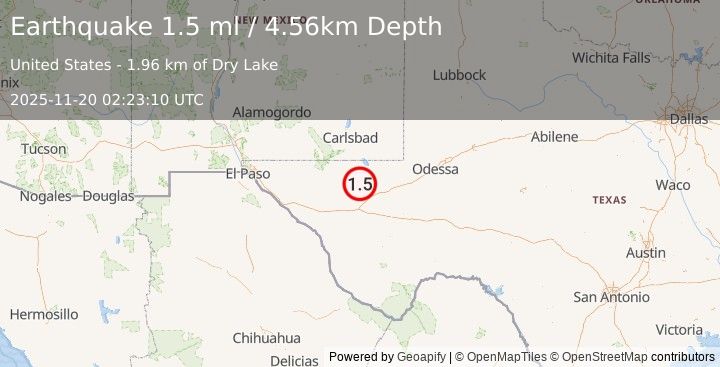 Earthquake 35 km NW of Toyah, Texas (1.5 ml) (2025-11-20 02:23:10 UTC)