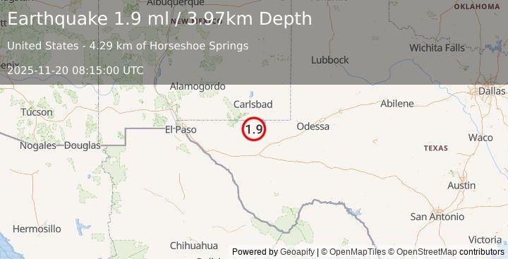 Earthquake 49 km SSE of Whites City, New Mexico (1.9 ml) (2025-11-20 08:15:00 UTC)