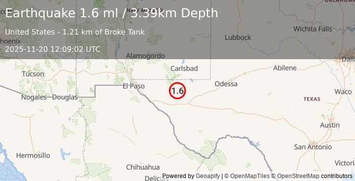 Earthquake 66 km SSW of Whites City, New Mexico (1.6 ml) (2025-11-20 12:09:01 UTC)