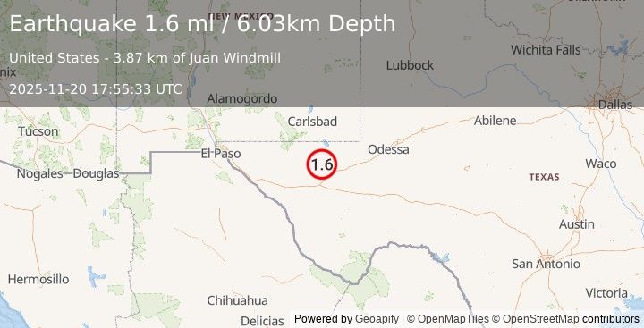 Earthquake 31 km NW of Toyah, Texas (1.6 ml) (2025-11-20 17:55:33 UTC)
