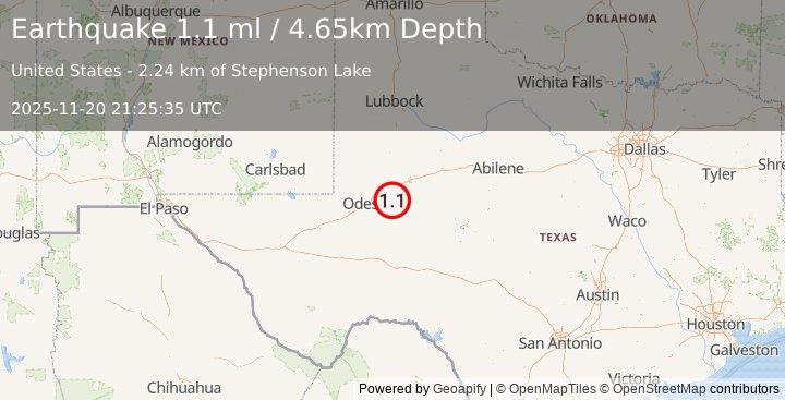 Earthquake 21 km ESE of Midland, Texas (1.1 ml) (2025-11-20 21:25:35 UTC)