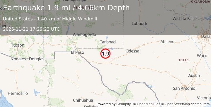 Earthquake 55 km S of Whites City, New Mexico (1.9 ml) (2025-11-21 17:29:23 UTC)