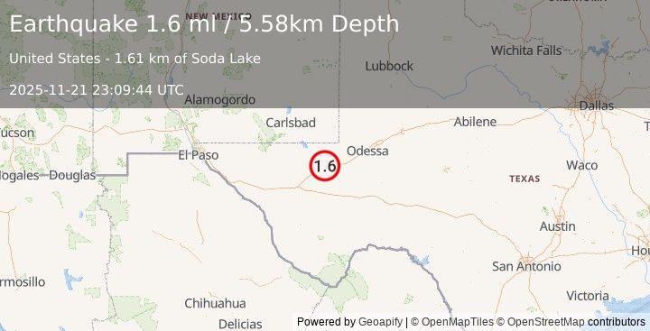 Earthquake 8 km N of Barstow, Texas (1.6 ml) (2025-11-21 23:09:44 UTC)