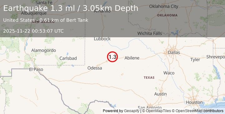 Earthquake 18 km NNW of Westbrook, Texas (1.3 ml) (2025-11-22 00:53:07 UTC)