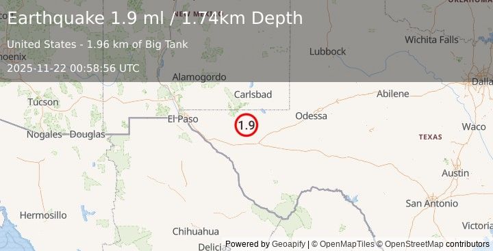 Earthquake 66 km S of Whites City, New Mexico (1.9 ml) (2025-11-22 00:58:56 UTC)