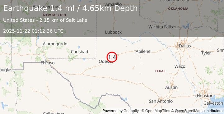 Earthquake 14 km WSW of Stanton, Texas (1.4 ml) (2025-11-22 01:12:36 UTC)