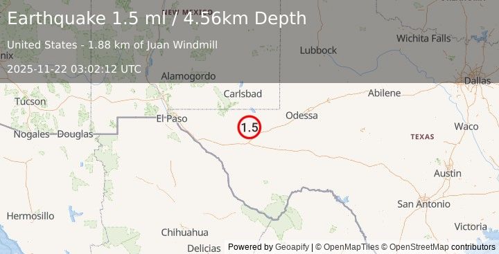 Earthquake 31 km NW of Toyah, Texas (1.5 ml) (2025-11-22 03:02:12 UTC)