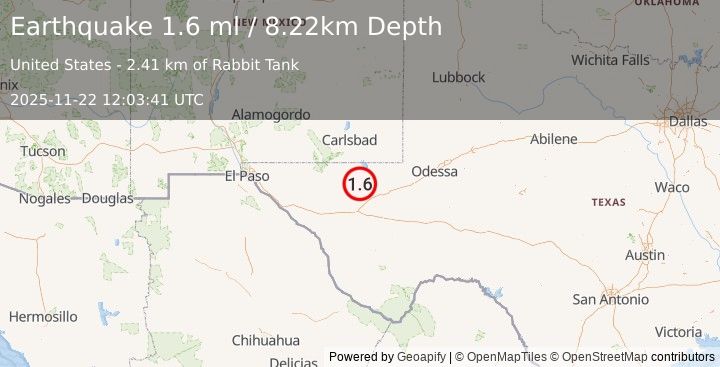 Earthquake 38 km NNW of Toyah, Texas (1.6 ml) (2025-11-22 12:03:41 UTC)
