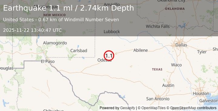 Earthquake 13 km NNE of Midland, Texas (1.1 ml) (2025-11-22 13:40:47 UTC)