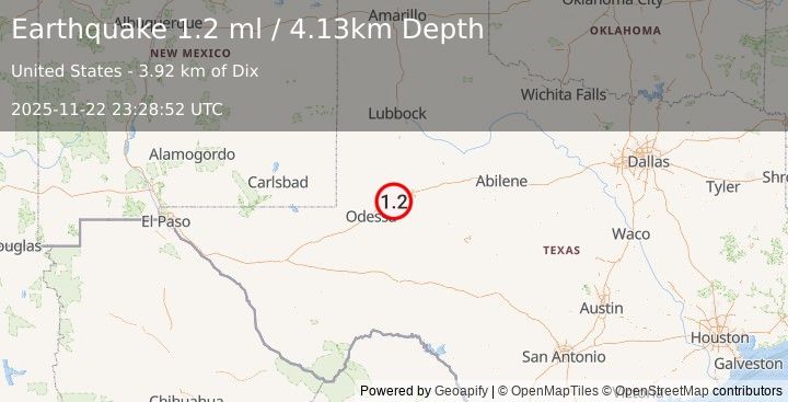 Earthquake 11 km WSW of Stanton, Texas (1.2 ml) (2025-11-22 23:28:52 UTC)