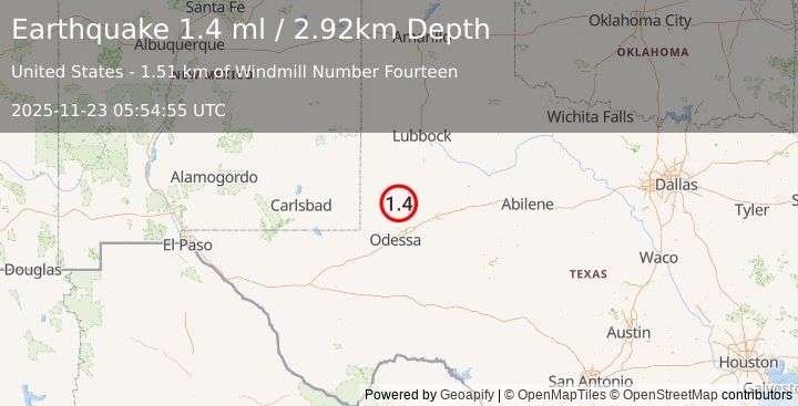 Earthquake 28 km NE of McKinney Acres, Texas (1.4 ml) (2025-11-23 05:54:55 UTC)