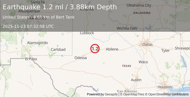 Earthquake 20 km NW of Westbrook, Texas (1.2 ml) (2025-11-23 07:32:58 UTC)