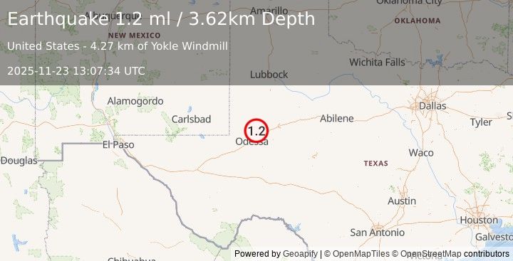 Earthquake 18 km NE of Gardendale, Texas (1.2 ml) (2025-11-23 13:07:34 UTC)