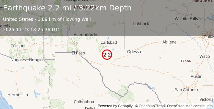 Earthquake 57 km S of Whites City, New Mexico (2.2 ml) (2025-11-23 18:25:36 UTC)