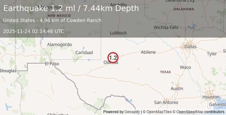 Earthquake 19 km NE of Gardendale, Texas (1.2 ml) (2025-11-24 02:14:46 UTC)