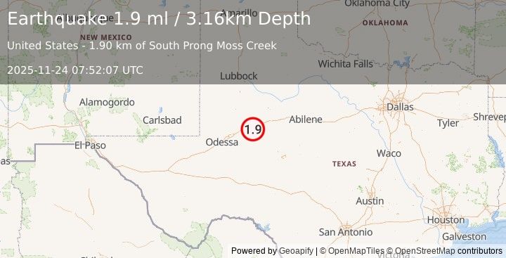 Earthquake 8 km NNW of Forsan, Texas (1.9 ml) (2025-11-24 07:52:07 UTC)