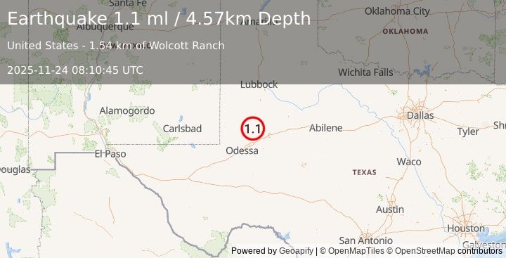 Earthquake 31 km WSW of Ackerly, Texas (1.1 ml) (2025-11-24 08:10:45 UTC)