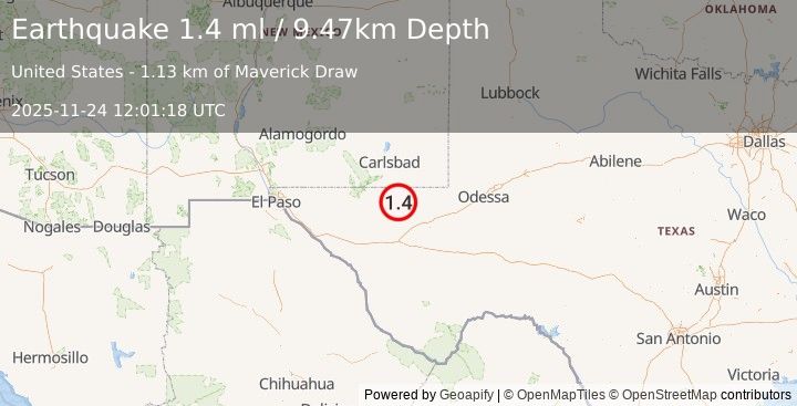Earthquake 43 km W of Mentone, Texas (1.4 ml) (2025-11-24 12:01:18 UTC)