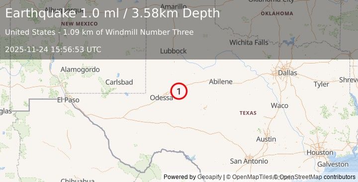 Earthquake 19 km ESE of Stanton, Texas (1.0 ml) (2025-11-24 15:56:53 UTC)