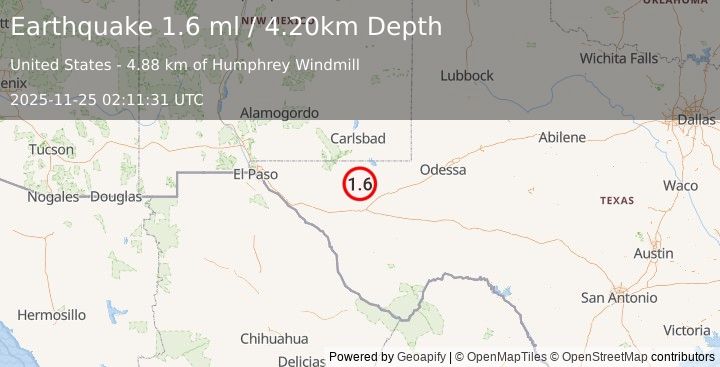 Earthquake 47 km NW of Toyah, Texas (1.6 ml) (2025-11-25 02:11:31 UTC)