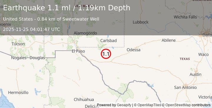 Earthquake 66 km WNW of Toyah, Texas (1.1 ml) (2025-11-25 04:01:47 UTC)