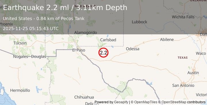 Earthquake 65 km NNE of Van Horn, Texas (2.2 ml) (2025-11-25 05:15:43 UTC)
