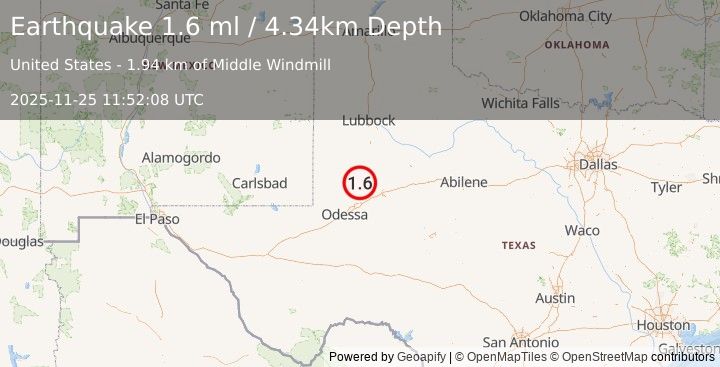 Earthquake 32 km WSW of Ackerly, Texas (1.6 ml) (2025-11-25 11:52:08 UTC)