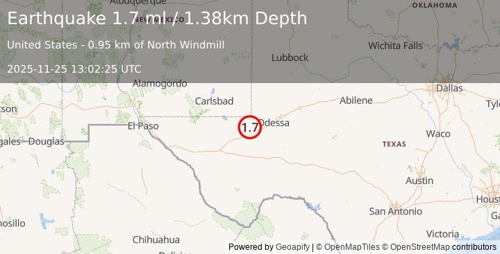 Earthquake 5 km ESE of Wink, Texas (1.7 ml) (2025-11-25 13:02:25 UTC)