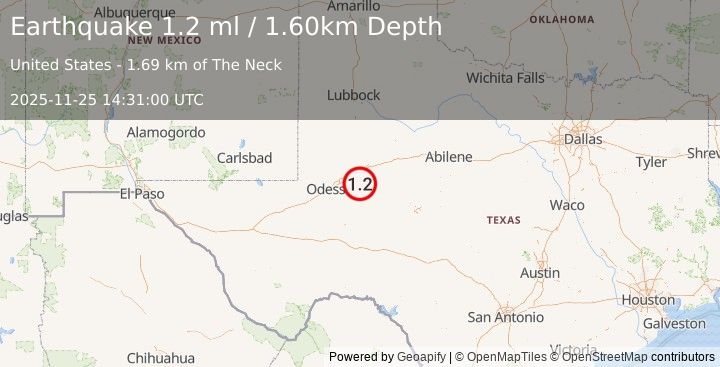 Earthquake 22 km SSE of Stanton, Texas (1.2 ml) (2025-11-25 14:31:00 UTC)
