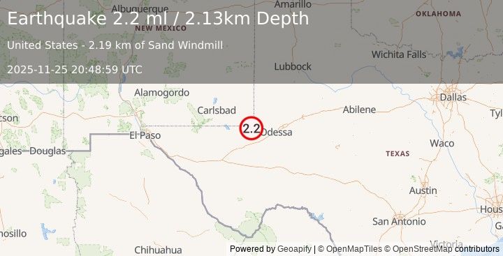 Earthquake 11 km NNW of Kermit, Texas (2.2 ml) (2025-11-25 20:48:59 UTC)