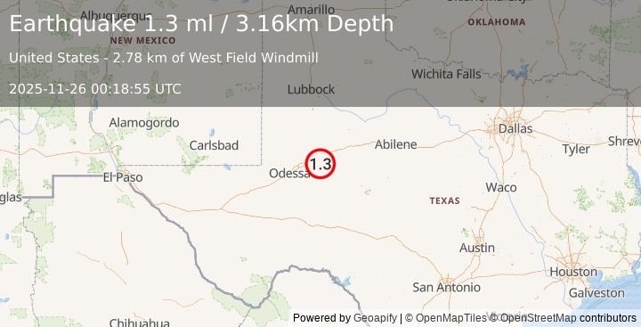 Earthquake 19 km ESE of Stanton, Texas (1.3 ml) (2025-11-26 00:18:55 UTC)