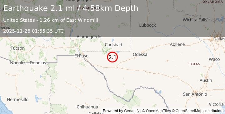 Earthquake 55 km S of Whites City, New Mexico (2.1 ml) (2025-11-26 01:55:35 UTC)
