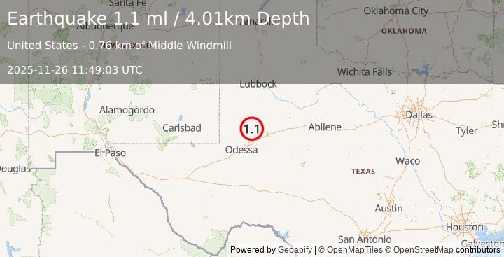 Earthquake 33 km WSW of Ackerly, Texas (1.1 ml) (2025-11-26 11:49:03 UTC)