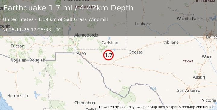 Earthquake 57 km S of Whites City, New Mexico (1.7 ml) (2025-11-26 12:25:33 UTC)