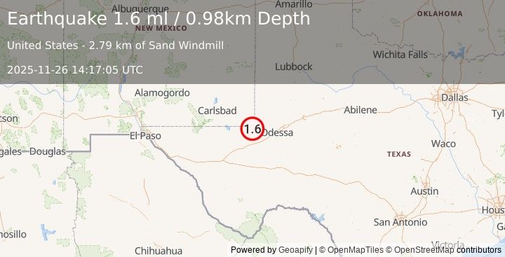 Earthquake 10 km NNW of Kermit, Texas (1.6 ml) (2025-11-26 14:17:05 UTC)