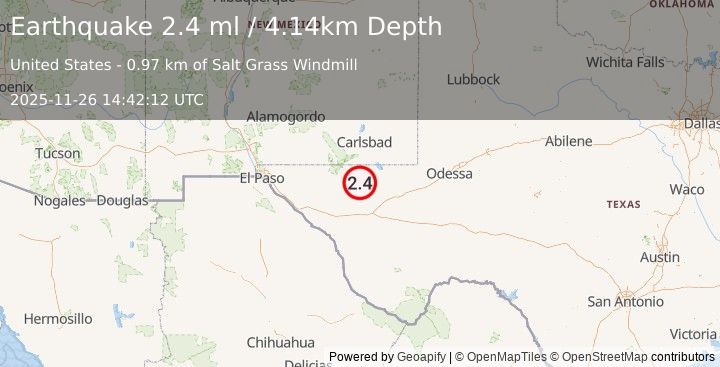 Earthquake 58 km S of Whites City, New Mexico (2.4 ml) (2025-11-26 14:42:12 UTC)
