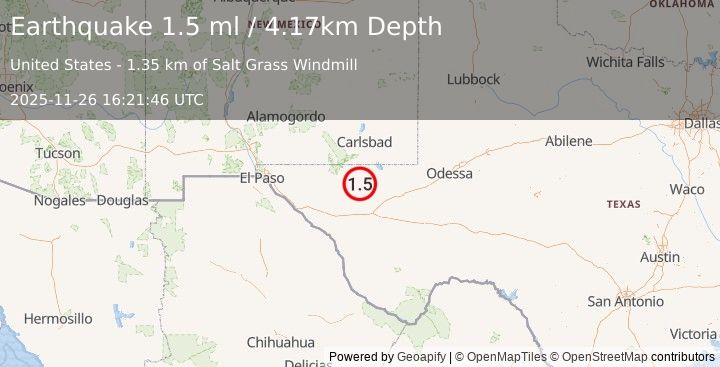 Earthquake 58 km S of Whites City, New Mexico (1.5 ml) (2025-11-26 16:21:46 UTC)