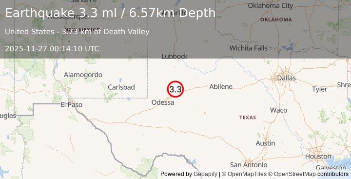 Earthquake 22 km N of Stanton, Texas (3.3 ml) (2025-11-27 00:14:10 UTC)