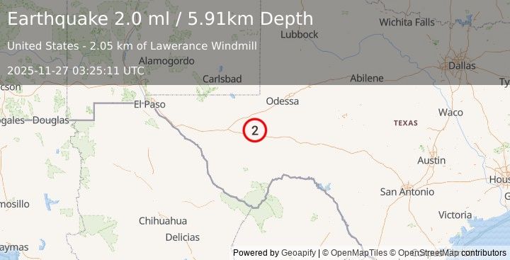 Earthquake 23 km SW of Coyanosa, Texas (2.0 ml) (2025-11-27 03:25:11 UTC)