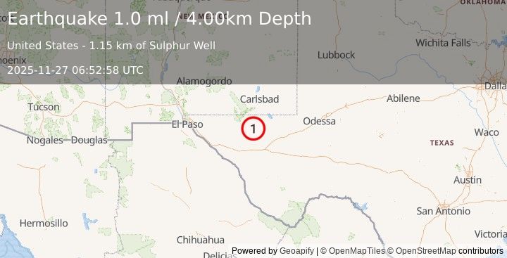 Earthquake 60 km S of Whites City, New Mexico (1.0 ml) (2025-11-27 06:52:58 UTC)