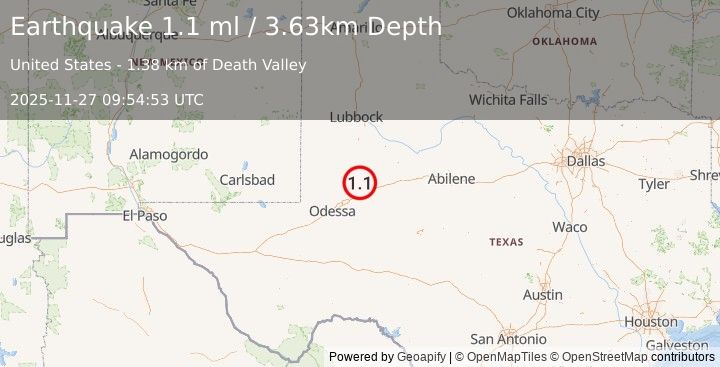 Earthquake 19 km SSW of Ackerly, Texas (1.1 ml) (2025-11-27 09:54:53 UTC)