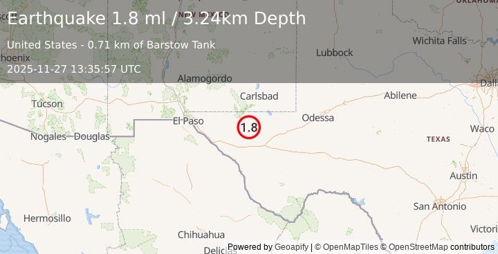 Earthquake 66 km NNE of Van Horn, Texas (1.8 ml) (2025-11-27 13:35:57 UTC)