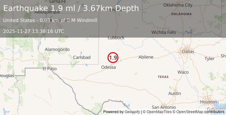 Earthquake 34 km WSW of Ackerly, Texas (1.9 ml) (2025-11-27 13:38:16 UTC)