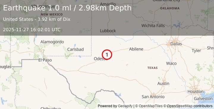 Earthquake 11 km WSW of Stanton, Texas (1.0 ml) (2025-11-27 16:02:01 UTC)