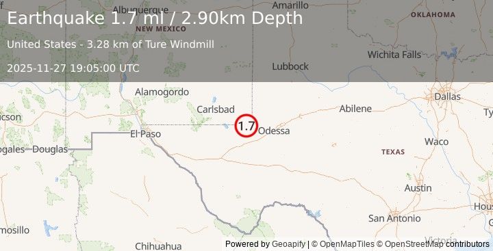 Earthquake 15 km SSW of Jal, New Mexico (1.7 ml) (2025-11-27 19:05:00 UTC)