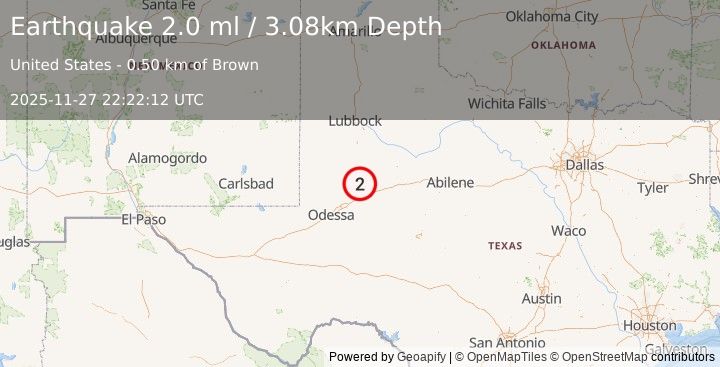 Earthquake 11 km S of Ackerly, Texas (2.0 ml) (2025-11-27 22:22:12 UTC)