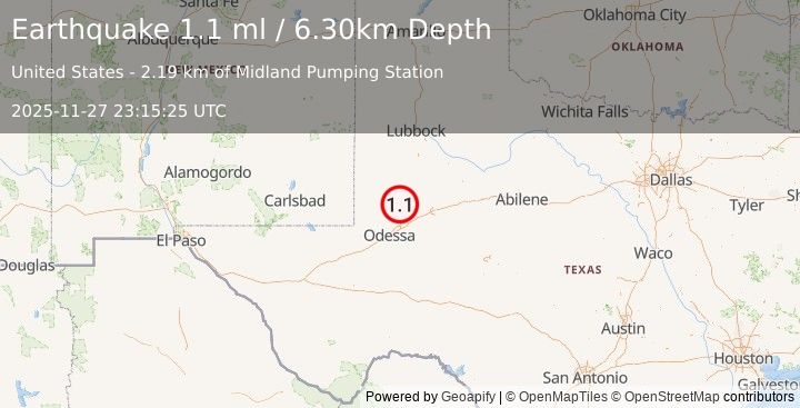 Earthquake 35 km E of McKinney Acres, Texas (1.1 ml) (2025-11-27 23:15:25 UTC)