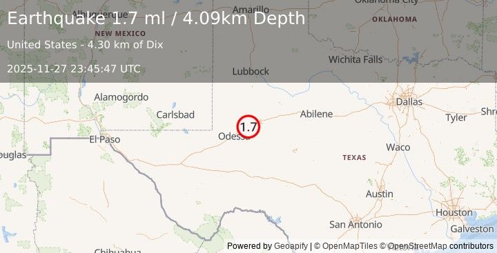 Earthquake 11 km WSW of Stanton, Texas (1.7 ml) (2025-11-27 23:45:47 UTC)